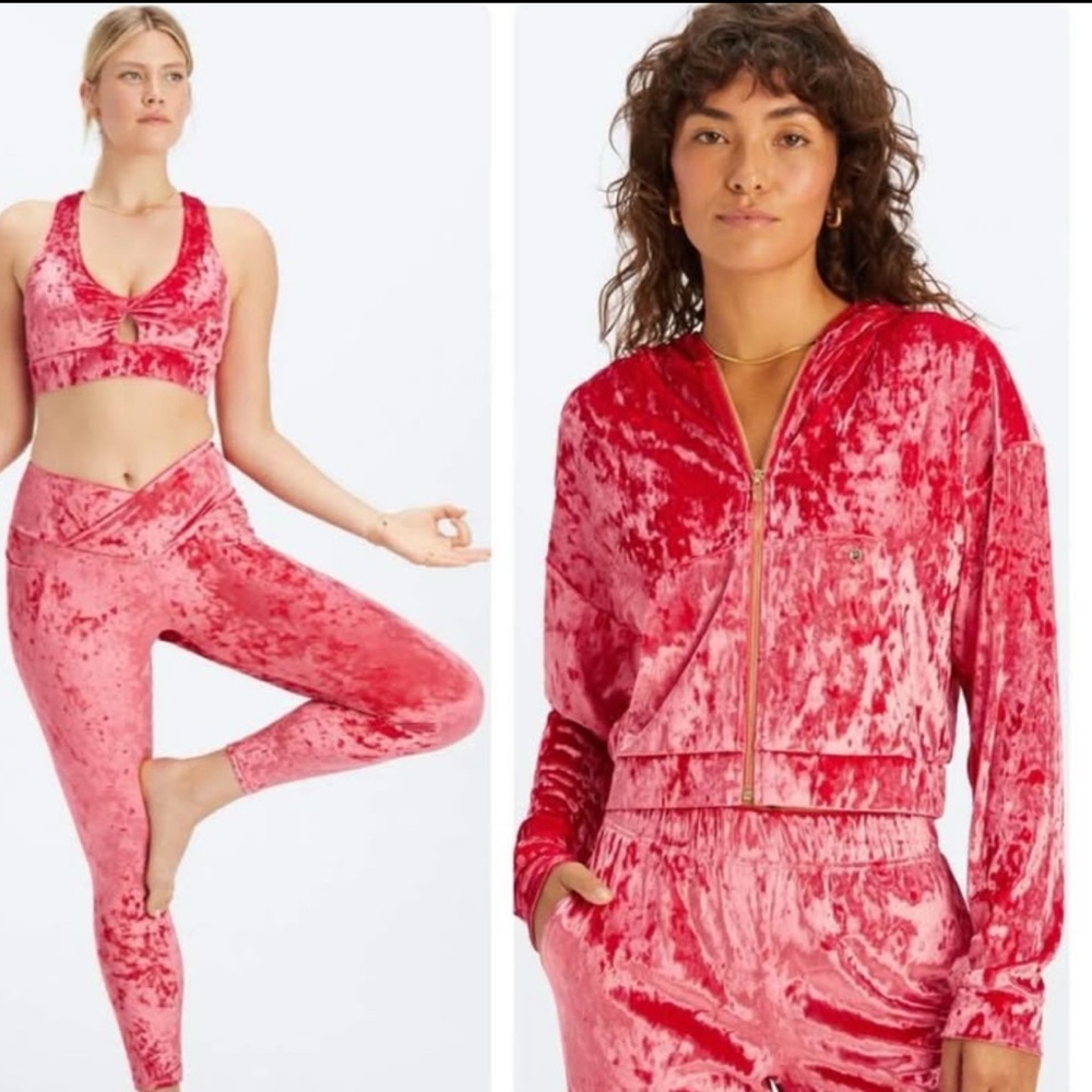 3 pc crushed velour Fabletics set leggings hooded Jacket Sports Bra size Large